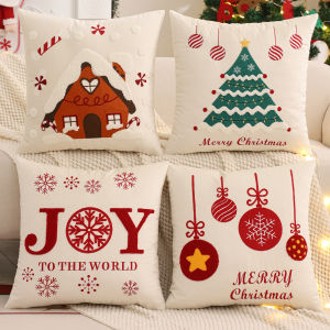 Embroidery Throw Pillow Cover Christmas Decoration Velvet Soft Christmas Tree Bell Joy Winter Farmhouse Home Sofa Living Room