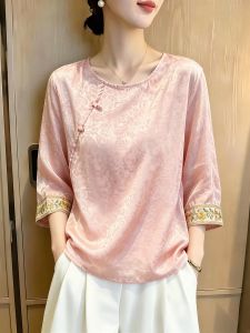SHUAIYUE | Áo Blouse Thêu Phong Cách Trung Quốc Tay 5/8