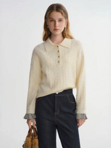 DUSHU | Polo Neck Plaid Stitched Cable Knit Sweater