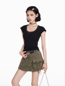 Black Lace Butterfly Knot U-Neck Short Sleeve Knitted Slim Fit T-Shirt Women Summer Hot Girl Small Flying Sleeve Ice Silk Top