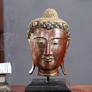 ไม้เนื้อแข็งแกะสลักพระพุทธรูปประดับโรงแรมคลับเฮาส์ตกแต่งบ้านอ่อนนุ่มห้องนั่งเล่นห้องโถงพระพุทธรูปสามมิติเครื่องประดับหัวพระพุทธรูป