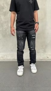 Celana Jeans Panjang Pria Sobek Ripped Puring Black Letro Motif EXEX Slimfit Stretch Best Seller