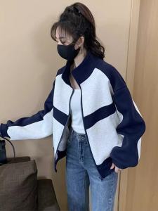 Premium Short Baseball Jacket Womens Spring Autumn 2025 New Color Block Casual Open Cardigan Top Female Polyester Cotton Blend Zipper Closure