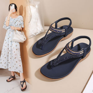 Womens Summer Outdoor Sandals Bohemian Soft Bottom Anti-slip Beach Thong Slippers Roman Style Slip-On Flat Heel PU Material