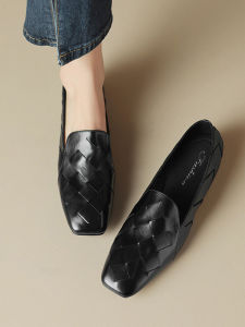 Zhang Tiansheng Simple Style Womens Shoes French Style Deep Mouth Single Shoes Spring Autumn Low Heel Gross Heel Real Leather Woven Shoes
