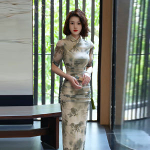 SHANGSHA | New Chinese Style Modified Qipao Business Wear Elegant Ethnic Green Flower Dress