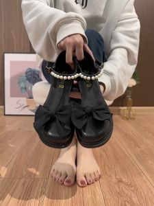 [with Box] Mary Jane Shoes New Style Pearl Bow Thick High Heels for Women Anti-Slip Fashion Leather