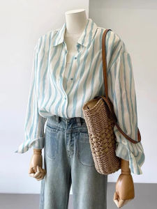 Womens Loose Thin Long Sleeve Striped Cotton Shirt with POLO Collar Easy to Match Butler Style for Summer
