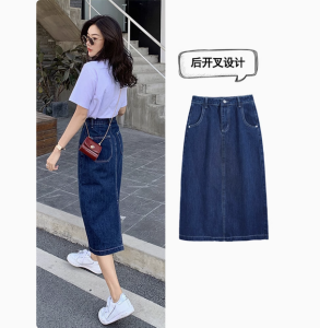 สีน้ําเงินเข้ม เดนิม กระโปรงยาวปานกลาง สูง เอว ทรงเอ สําหรับผู้หญิงรูปลูกแพร์กลาง ฤดูใบไม้ร่วง พลัสไซส์ เปิด ผ่าชาย กระโปรง S แฟชั่นผู้หญิง