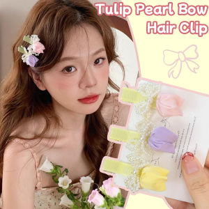 3Pcs Korean Sweet Pink Tulip Flower Hairclip Pearl Bow Duckbill Clip Fabric Women Girls Headwear Hair Accessories