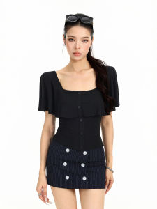 Square Neck Batwing Sleeve T-shirt Summer Women Slim Fit Short Shirt