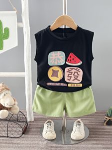 Em Bé Bé Trai Mùa Hè Cộc Tay Không Tay Áo Hai Dây Bộ Mỏng Cotton Vải Bông Quần Áo Mùa Hè Riêng Biệt Dành Cho Trẻ Từ 3-36 Tháng Tuổi Trẻ Sơ Sinh Và Trẻ Mới 2024 Phong Cách