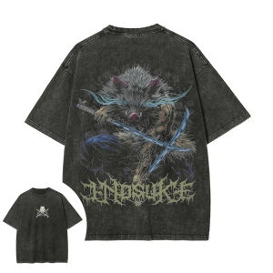 Bandai | Demon Slayer Mens Womens Washed T-Shirt Inosuke Hashibira Summer Spring Anime Tee Retro Distressed High Quality Short Sleeve