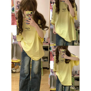 American Style Yellow Three Bars Short Sleeve T-Shirt Women Summer High School Cotton Heavyweight Oversize Top Korean Version