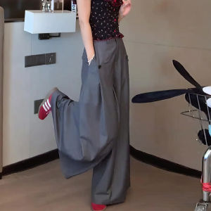 Gray High Waist Wide Leg Straight Pants Womens Simple Elegance High Waist Drapey Wide Leg Long Pants Fashion Retro Lazy Style