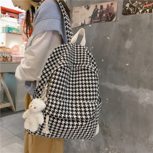 Preppy Plaid Knitted Backpack Casual School Bag for Women Canvas Zipper Closure Retro Style Leisure Travel Bag Soft Shoulder Straps