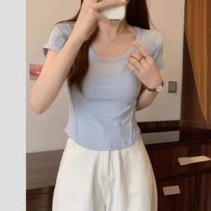 เสื้อยืดคอกลมแขนสั้นทรงเข้ารูปสไตล์เกาหลีสำหรับผู้หญิง ทรงเข้ารูปเอวสั้น สไตล์เกาหลี ทรงเข้ารูป ทรงเข้ารูป เสื้อยืดคอกลมแขนสั้น