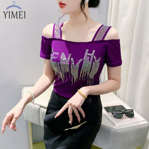 YIMEI 2024 Summer New Heavy Industry Diamond Inlaid Womens T-shirt Double layered Ice Silk Mesh Purple Top Short sleeved Fashion Off Shoulder Beauty Back Small Shirt