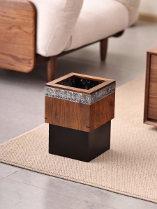 Vintage Solid Wood Trash Can with Artistic Pewter Inlay Decorative Waste Bin for Living Room Bedroom Office