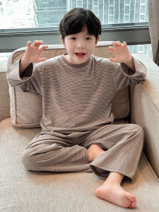 Thickened Autumn Winter Childrens Sleepwear Wool Silk Stripe Velvet Warm Base Layer round Neck Home Clothes for Boys