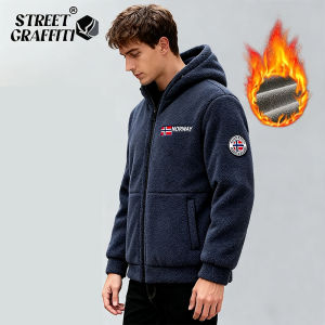 2025 Fleece Mens Coat Thickened Warm Windproof Loose Outdoor Collar Fleece Hooded Jacket Norwegian Printed Good Soldier
