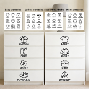 9 pcs/Sheet Wardrobe Organizer Labels Closet Clothing Labels Stickers Drawer Organization Labels with Icons Kids Baby Studen