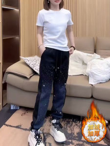 Fleece Lined Heavy Duty Rhinestone Casual Pants High Waist Nine Pointed Warm Harlan Pants Autumn Winter New Style plus Size Slimming