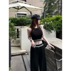 NINGXI | Casual Loose Sporty Halter Top & High Waist Wide Leg Pants Set