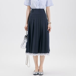 Navy Blue Lace Skirt Pleated Design For Workwear
