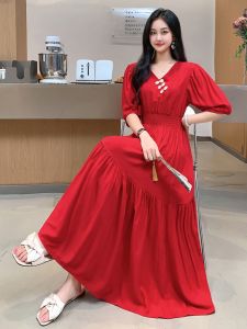 ชุดเดรสยาวผ้าไหมคอตตอนสไตล์จีนใหม่ฤดูร้อน กระโปรงทรงเอเอวสูง แขนสั้น คอวี กระดุม ทรงลูกแพร์ ชุดเดรสยาวคลุมเข่า