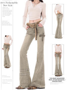 กางเกงยีนส์ทรงหลวมเอวสูงสำหรับผู้หญิง กางเกงขายาวทรงขาบานปักลายครอสติชสไตล์ย้อนยุค สไตล์อเมริกัน กางเกงขายาวทรงขาบานสำหรับผู้หญิง