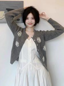 Grey Short Knitted Open Cardigan Womens Spring Autumn Casual Loose Lazy Outerwear round Neck Leisure Sweater Jacket
