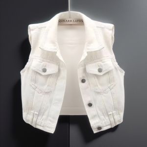 Versatile Short Denim Vest Womens Sleeveless Jacket Shoulder Pad White Top Spring Autumn New Style Casual Cotton Blend Jeans Vest