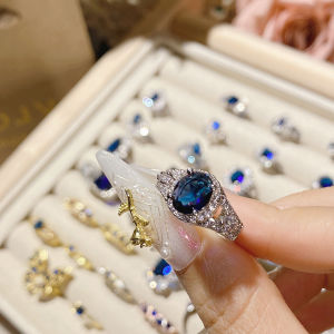 Retro Blue Crystal Sapphire Open Ring for Women French Style Luxury Finger Ring Fashionable Jewelry Accessories