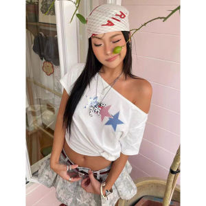 Áo Thun Tay Ngắn in Hình Ngôi Sao American Bé Gái Dành Cho Nữ Mùa Hè Dáng Rộng Thon Gọn Phong Cách Y2K Màu Trắng Hở Vai Thời Trang