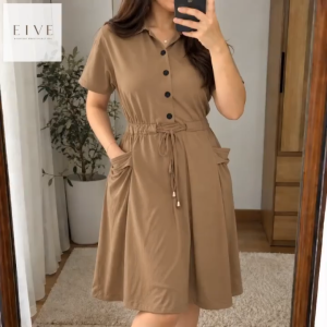 WOMENS COLLARED SHIRT DRESS MIDI SHORT SLEEVE BUTTON DOWN COTTON SPANDEX CASUAL PLUS SIZE WITH POCKETS DRAWSTRING WAIST