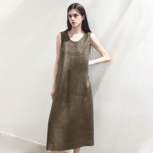 Miccbeirn | Pure Hanflax Sleeveless A-Line Dress Simple Elegant Commute Versatile Solid Color Vest Dress Slimming Long Skirt