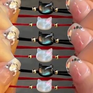 2pcs Natural Moonstone Bracelet Couple Friends Cute Cat Obsidian Charms Black Red Handmade Rope Bracelets