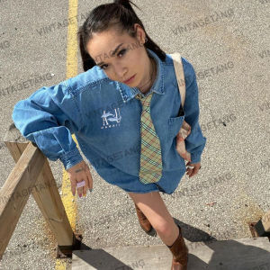 Vintage Tang American College Style Blue Denim Shirt Womens Long Sleeve Loose Fit Shirt Jacket Top for Young Women