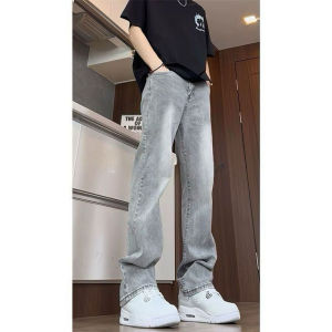 Elastic Cement Grey Mens Jeans American Vintage Style Straight Flare Pants