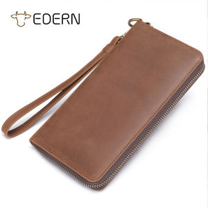 EDERN กระเป๋าสตางค์หนังม้าบ้าสำหรับผู้ชาย กระเป๋าคลัตช์หนังวัวสไตล์ย้อนยุคแบบลำลอง กระเป๋าสตางค์ใบยาว ใส่บัตร กระเป๋าสตางค์ใส่โทรศัพท์ กระเป๋าสตางค์แบบคล้องมือหนังแท้