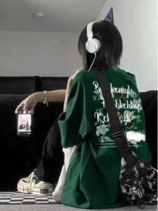 Pure Cotton American Hip Hop Streetwear T-Shirt for Women Loose Fit Mid-Length Long Sleeve Creative Printed Pattern Couple Wear