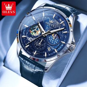 OLEVS original men watch luxury fashion casual multifunctional luminous quartz watch waterproof leather watch sun and moon phase full of stars as a gift for boyfriend