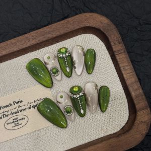 10pcs Handmade Press On Nails Green Cats Eye Summer Fresh Fake Nail Tips Shiny Diamond Decor Light Luxury False Nails For Girls