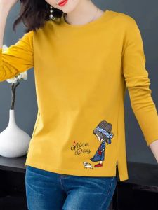 T-shirt round Neck Pure Cotton Long Sleeves T-shirt Female Slit Base Tops Long Sleeve Casual Fashion Printing Long Sleeve Spring & Fall Plaid