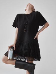 XIAODADEHUA | Black Full Mesh Rhinestones T-Shirt Dress Summer