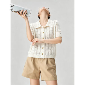 GULILI | Age-reducing Polo Collar Lace-up Knit T-Shirt Summer Wear
