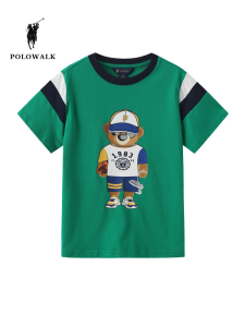 POLOWALK Áo Thun Trẻ Em Tay Ngắn in Hình Gấu Cổ Tròn Mùa Hè Mới Cho Bé Trai Áo Thun Cotton Phong Cách Hoạt Hình Cho Bé Trai
