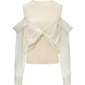 TAMMY TANGS | เสื้อสเวตเตอร์ถักแขนยาวสองชิ้นปลอมสำหรับผู้หญิง ทรงเข้ารูป แขนยาว สีพีช ฤดูใบไม้ผลิและฤดูใบไม้ร่วง