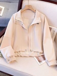 Loose Fit Short Jacket Korean Style Stand Collar Workwear Coat Warmth Polyester Fiber Long Sleeve Zipper Pocket Drawstring Hem